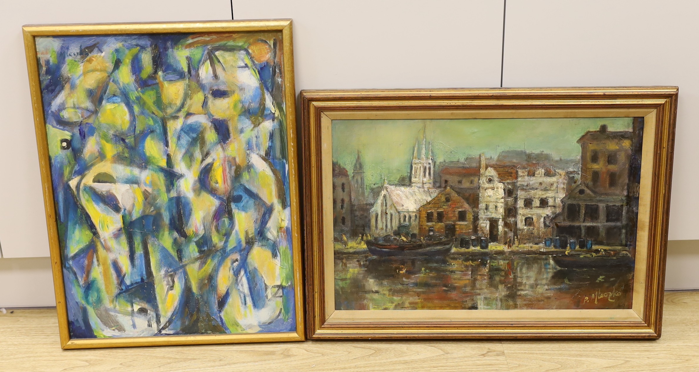 Piotr Mleczko (Polish, 1919-95), oil on canvas, 'River Thames near Hammersmith Bridge' and Untitled abstracted figures, both signed, 39 x 58cm and 60 x 45cm